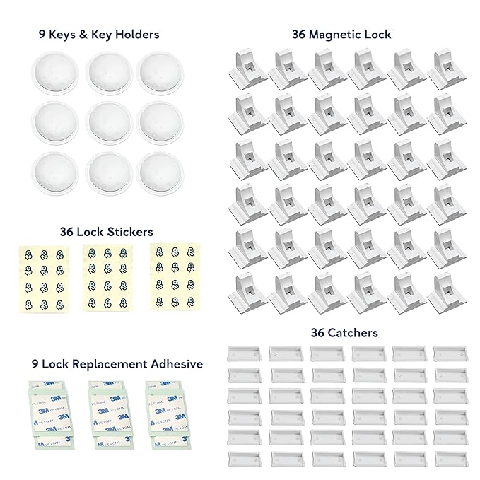 Pack of 36 Magnetic Cabinet Locks for Child Safety with 9 Keys, 3M Adhesive Easy Installation, Baby Proofing Magnetic Locks for Cabinets and Drawers (36 Locks + 9 Keys)