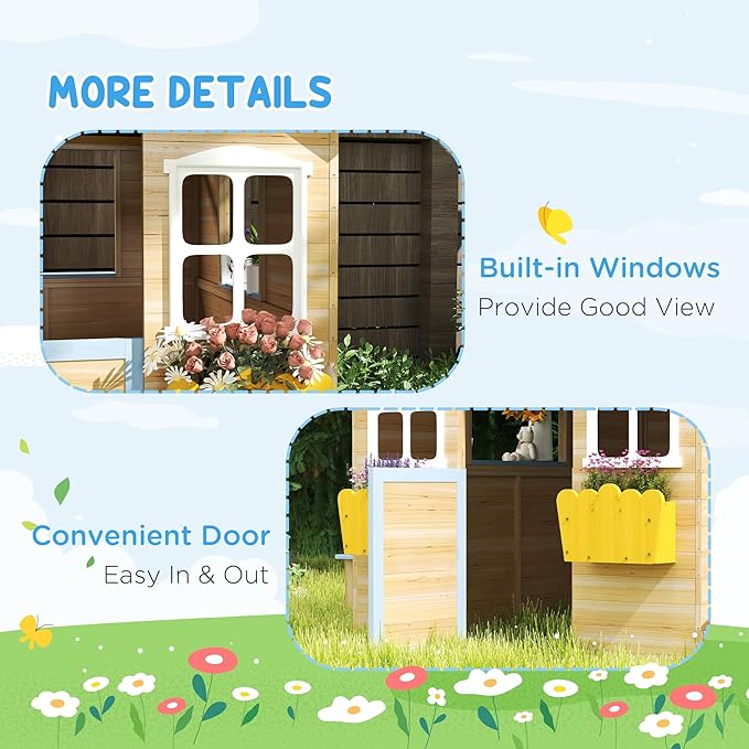 Outsunny Wooden Playhouse for Kids Outdoor Garden Pretend Play Games, Adventures Cottage, with Working Door, Windows, Bench, Service Station, Flowers Pot Holder, for 3-7 Years Old, Blue