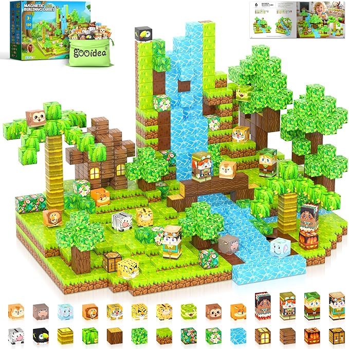150 Magnetic Blocks – Mine Magnet Game Building Craft, STEM Constructions Toy, Jungle Adventure, Sensory Stacking Cubes Kids Toys, Christmas Birthday Gifts for Boys Girls Age 3-5, 5-7, 4-8, 8-12