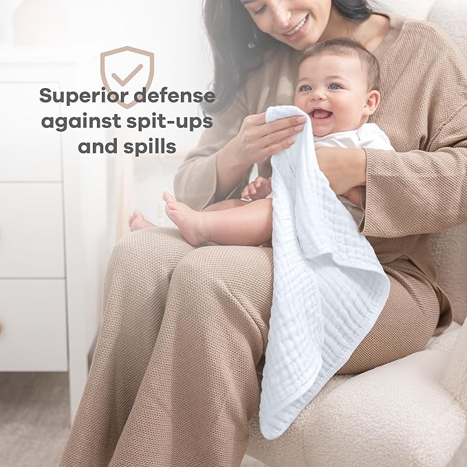 Comfy Cubs Muslin Burp Cloths 20" x 10", Pack of 10 - Large, 6-Layer, Ultra Absorbent 100% Cotton for Baby Drool and Messes - Soft, Safe & Gentle Baby Burp Cloths for Boys & Girls - White
