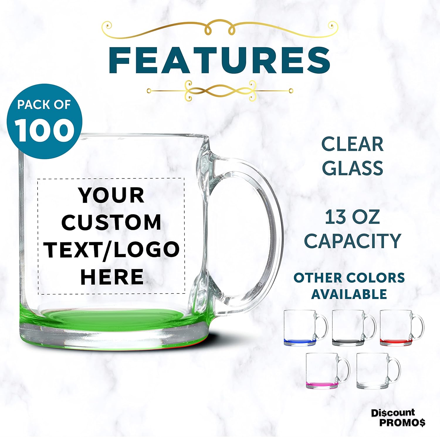 Custom Libbey Clear Glass Coffee Mugs 13 oz. Set of 100, Personalized Bulk Pack - Perfect for Coffee, Tea, Espresso, Hot Cocoa, Other Beverages - Green Bottom