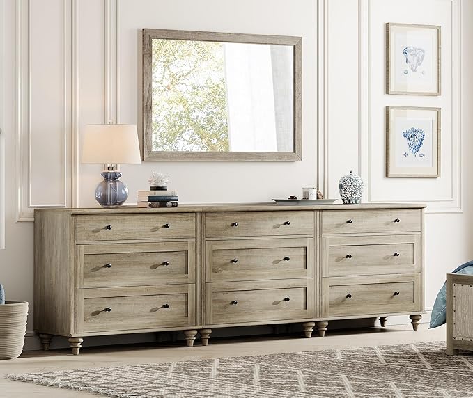 WAMPAT Dresser for Bedroom with 9 Drawers, Kids Dressers with Wide Chest of Drawers, Modern Wooden Closet Storage Organizer, Large Wood Dressers for Living Room, Nursery, Hallway, Rustic Oak