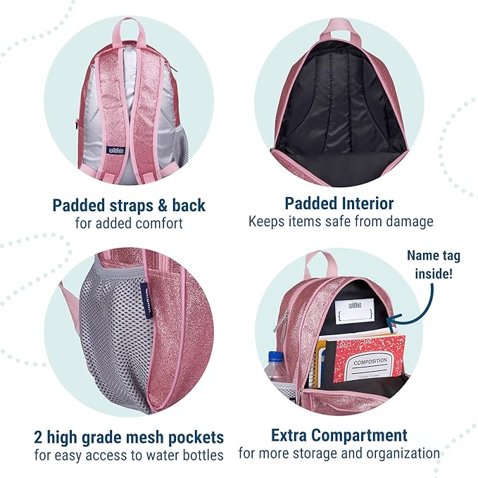 Wildkin 15-inch Kids Backpack – Durable, Padded, Adjustable for School & Travel - Pink Glitter