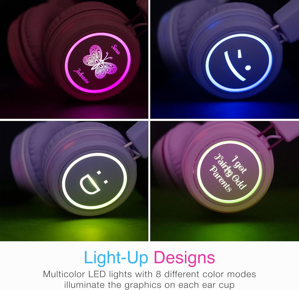 MEE audio KidJamz KJ55BT Personalized Bluetooth Wireless Safe Listening Headphones for Kids w/Custom LED-Backlit Design, Volume Limiter, Mic; Kids Headset for School/iPhone/iPad/Tablet (Pink)