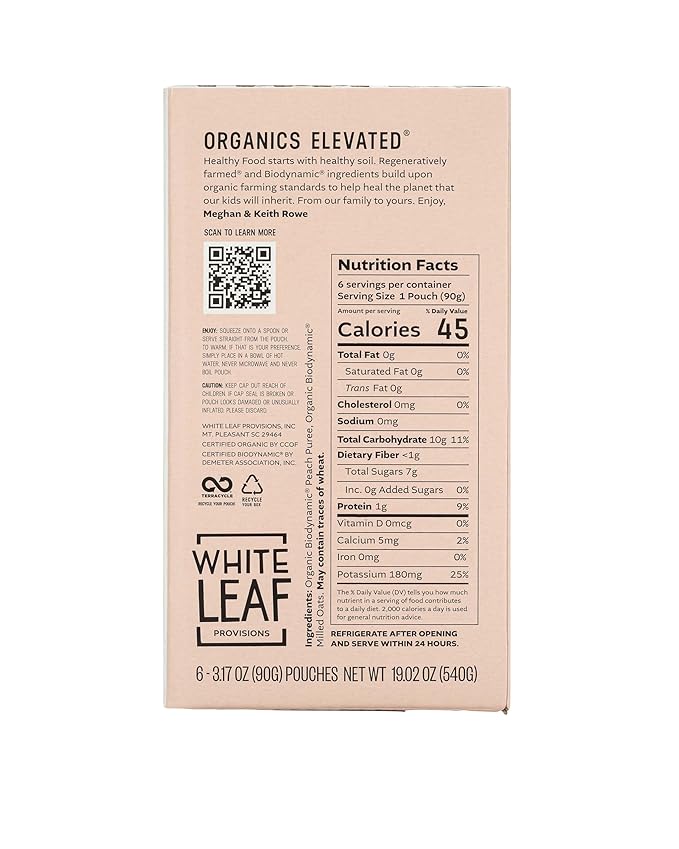 White Leaf Provisions Organic Purees/Baby Food Pouches - Fruits, Veggies & Grains, Toddler snack, Regeneratively Farmed, No Added Sugar, Non-GMO, BPA-Free Pouches 3.17 oz (Pack of 24, Peach + Oat)