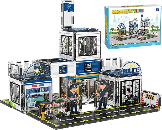 Magnetic Tiles, 50PCS Police Station Theme Building Blocks Set, Magnet Building Blocks and STEM Preschool Toys for Toddlers Kids Ages 3-5 5-7 8-10