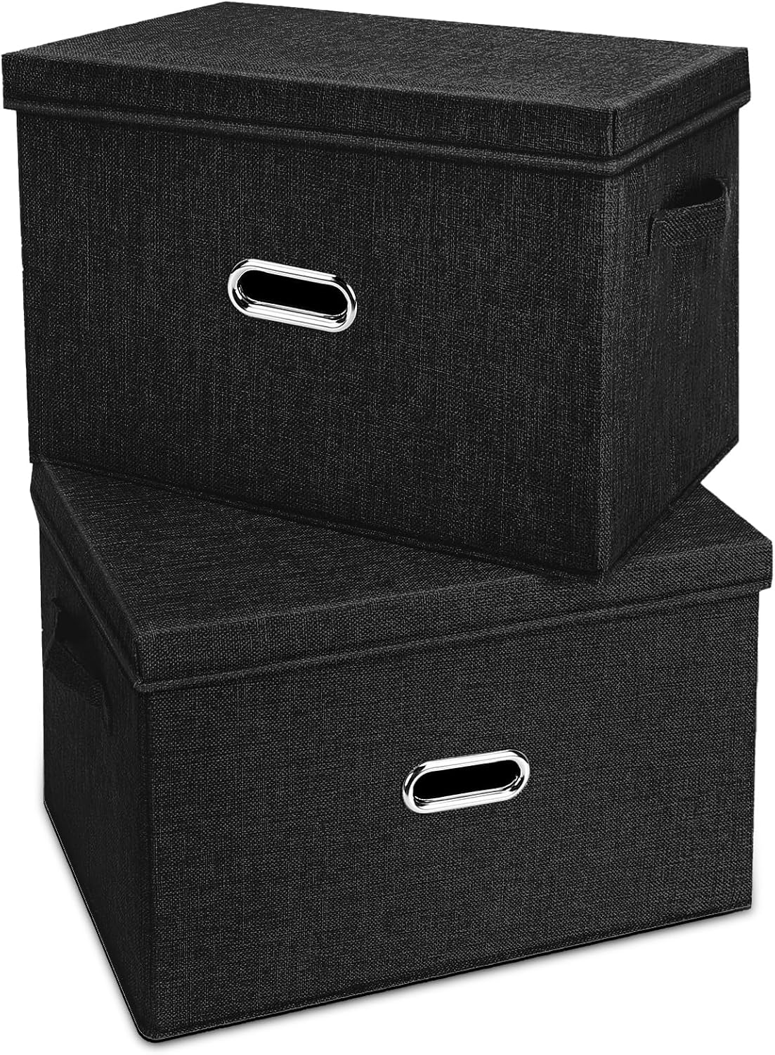 Large Linen Fabric Foldable Storage Bins with Removable Lid and Handles, Washable Storage Box Organizer Containers Baskets Cube with Cover for Bedroom,Office(Black, Medium(2-Pack))