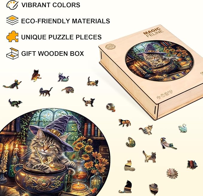 KAAYEE Wooden Puzzles for Adults, 3D Visual Effect Magic Feline Cat Wooden Jigsaw Puzzle Unique Shape Wood Puzzle Adult, 3D Effect Flat Puzzle Birthday Family Game (XL)