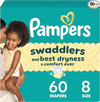 Pampers Swaddlers Diapers, Size 8 (30+ lbs), 60 Count, Absorbent, Keeps Baby Dry and Comfortable, Skin Safe Disposable Baby Diaper (Packaging May Vary)