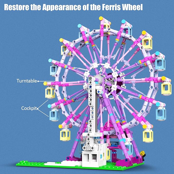 Ferris Wheel Building Block Set with Fairy Light, Two-Way Rotating Ferris Wheel Building Set 813 Pieces, Amusement Park Interlocking Blocks Toys for Ages 8-13, Gift Idea for Boys and Girls