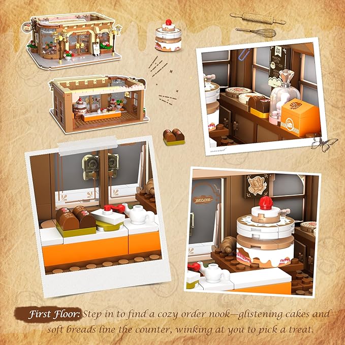 Flower Bakery Coffee House Building Set with Lights, City Cafe Baking House Display Model Toy, 1289 PCS Modular Construction Building Blocks Kit Home Decor, Gift for Adults Teens Girls 12+