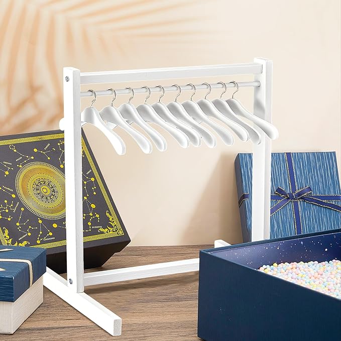 Civaner 22 Pcs Doll Garment Rack with Wooden Clothes Hanger for 18 Inch Girl Doll Clothes Mini Hangers Wardrobe Furniture Accessories for Dollhouse Baby Shower Supplies (Wood,White)