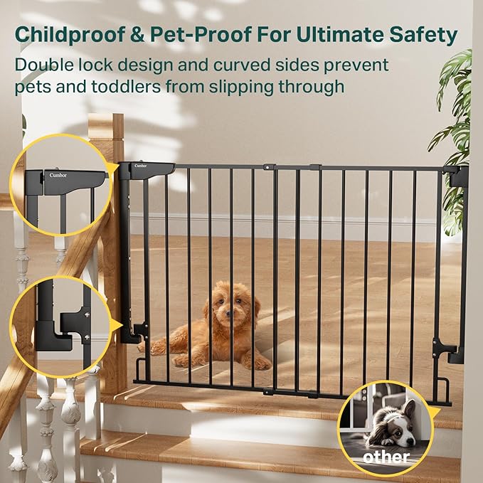 Cumbor 2 Pack 29.2-43" No Bottom Bar Baby Gate for Stairs, 2-in-1 Auto Close Dog Gate Indoor, Hardware Mounted Pet Gate for Doorways with Large Walk Thru Door, Child-Proof Safety Gate for Kids (Black)