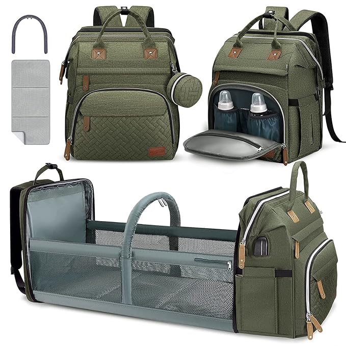 DERJUNSTAR Baby Diaper Bag Backpack with ChangingStation-Large Capacity Baby Bag for Boys & Girls, USBCharging Port, Pacifier Case, sunshade & Toy Bar,Waterproof， Forest