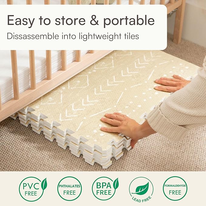Lillefolk Baby Play Mat for Floor – 6x6ft Beige | Soft Non Toxic Premium EVA Foam Tiles for Tummy Time, Crawling & Playroom – Waterproof for Hard Floors Mat for Babies & Toddlers (9 Tiles)