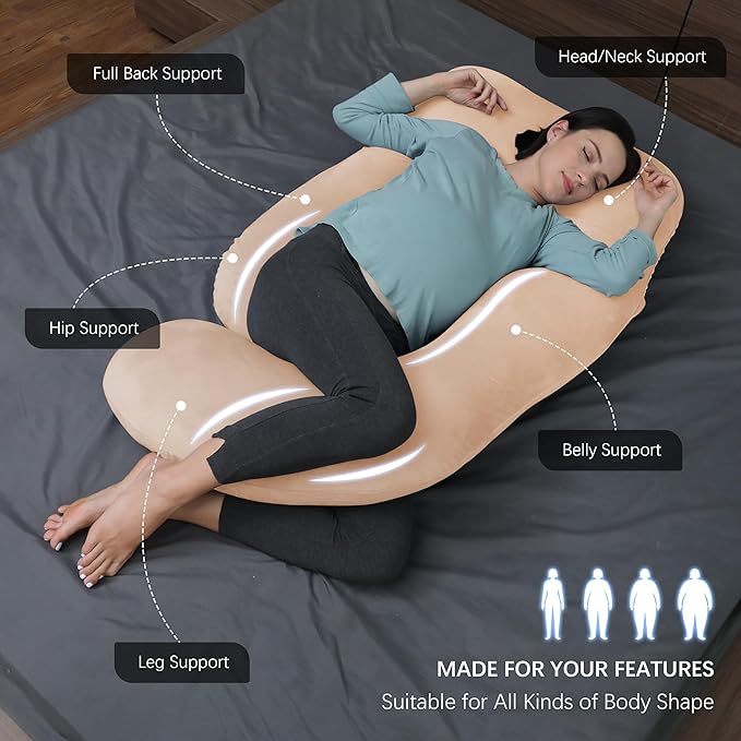 MOON PARK Pregnancy Pillows for Sleeping - U Shaped Full Body Maternity Pillow with Removable Cover - Support for Back, Legs, Belly, HIPS - 65 Inch - Brown