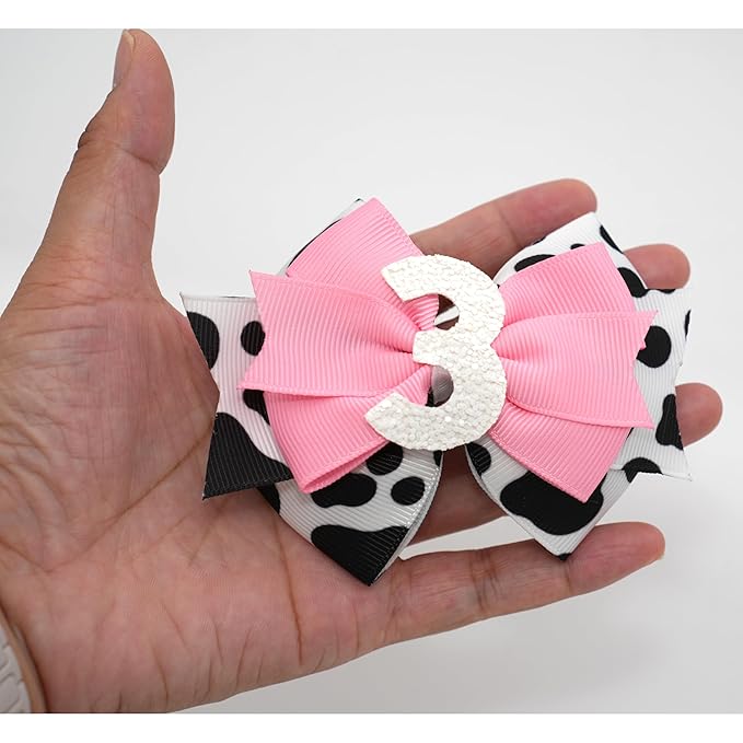 Birthday Hair Bow for Baby Girls 1 2 3 4 5 6 Years Sprinkle Decorations Party Pink Hair Accessories for Three 3rd Birthday Cow Print Cowgirl