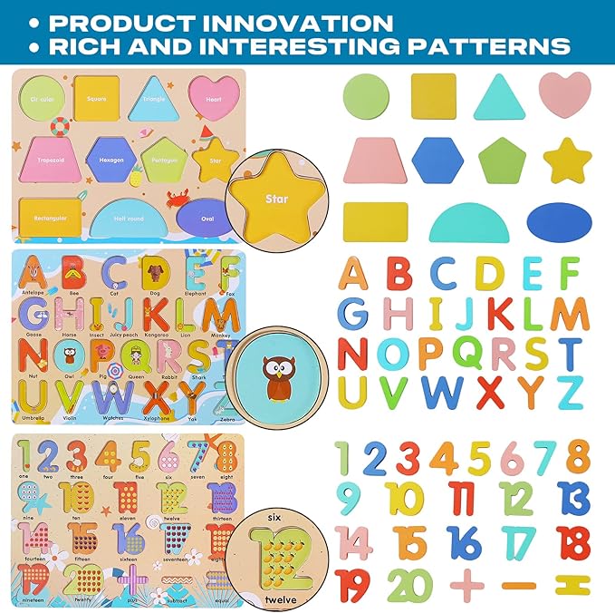 Wooden Puzzles for Toddlers, Voamuw Alphabet Number Shape Learning Education Preschool Toys for Kids Ages 3-6 Years Old (Set of 3)