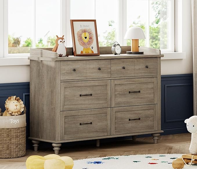 WAMPAT Grey Baby Dresser with 6 Drawers for Kids Room, Wooden Kids Dressers Double Dresser for Bedroom, Rustic Chest of Drawers Storage Dressers Organizer for Nursery, 47 Inch