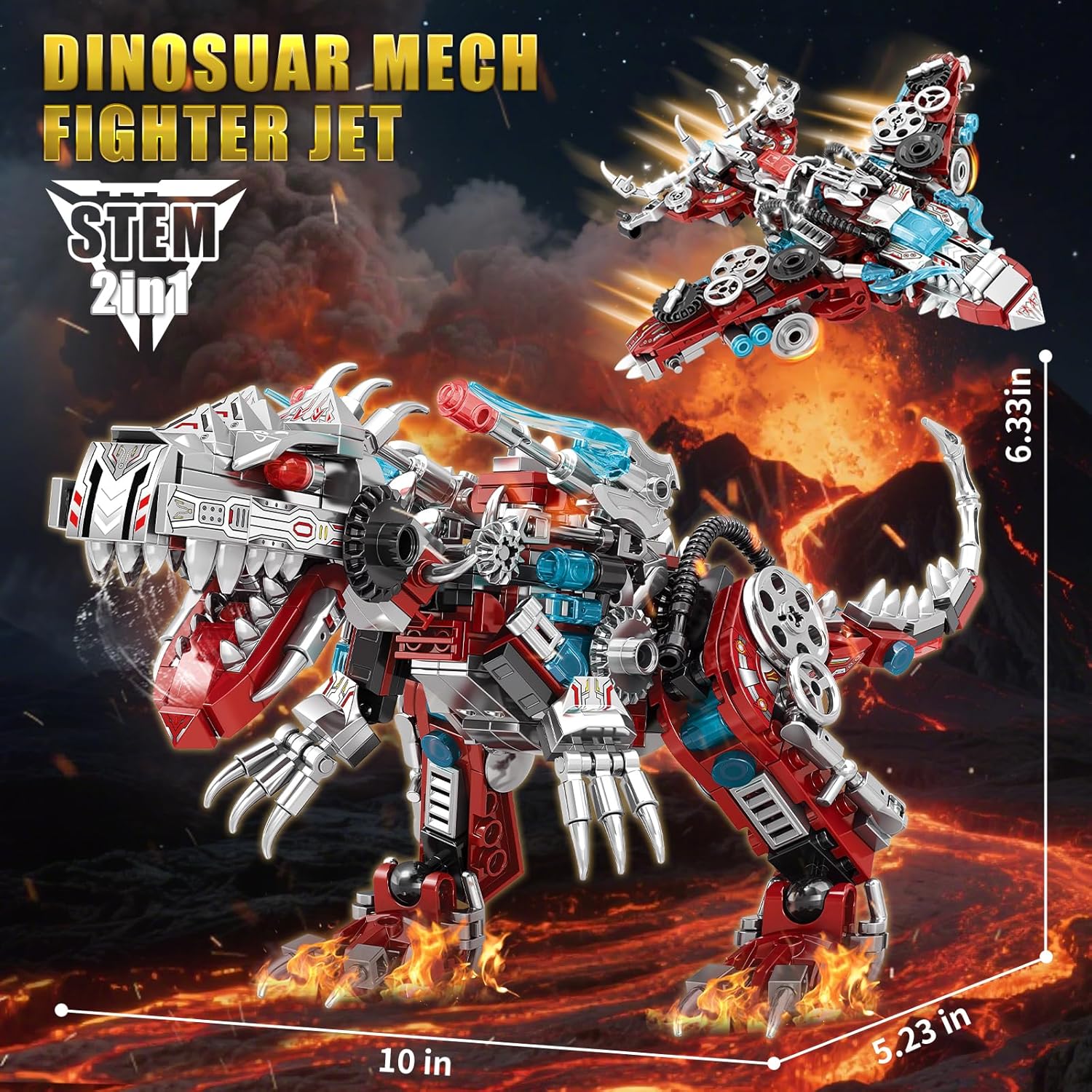 STEM 2 in1 Dinosaurs Building Set, Compatible with Lego Dinosaur Set, Transforming Fighter Jet Building Kit for Adults, Educational Gift Toy for Kids Boys 6-10 (422 PCS)