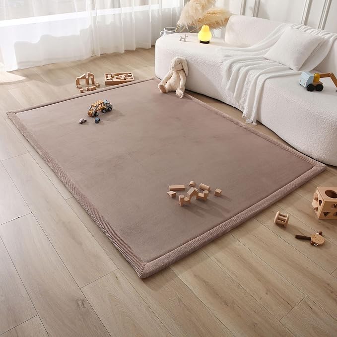 Stylish Coral Velvet Baby Play Mat for Floor 60" x 80" Brown – Soft 1" Thick High-Density Memory Foam Nursery Rug,Kids Rug with Non-Slip Backing for Crawling & Playing, Playroom Rug, Kids Carpet