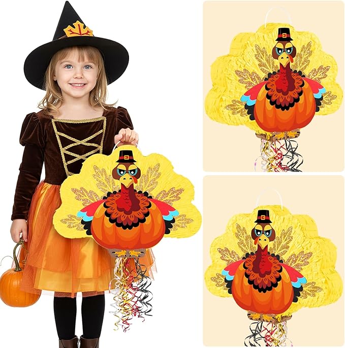 WERNNSAI Thanksgiving Turkey Pinata - Fall Autumn Decorations Gentle Turkey Pinata Orange Thanksgiving Party Games Autumn Decorations for Home Fall Festival Party Favors with Blindfold