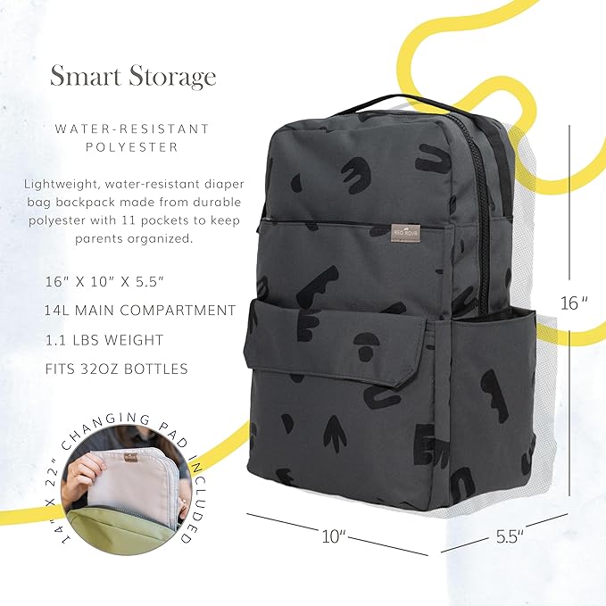 RED ROVR Roo Lightweight 1 LB Diaper Bag Backpack | 11 organizational pockets| Durable & Water-Resistant (Charcoal Doodle)