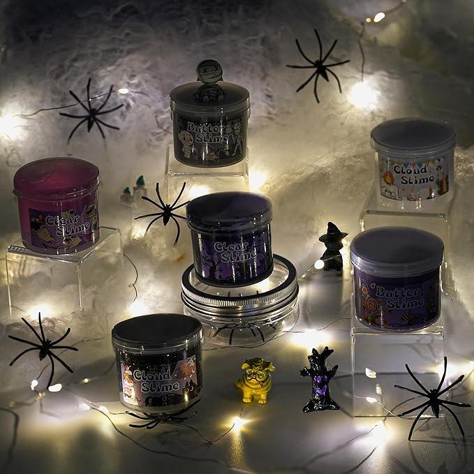 LAWOHO 6 Packs Purple Black Slime Kit - Cloud, Butter & Clear Slime, Slime for Kids with Spooky Slimes Add-ins, Slime Kit for Boys & Girls Birthday Halloween Party Favors Christmas Easter Gifts