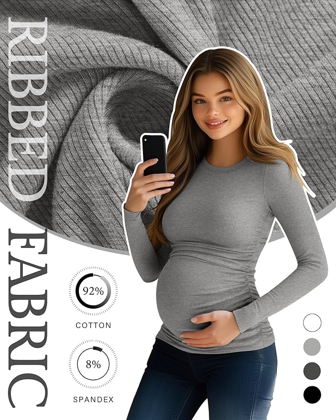 Ficerd 4 Pack Women's Maternity Shirts Cotton Long Sleeve Ribbed Crew Neck Pregnancy Tops Side Ruched Casual Mama Clothes