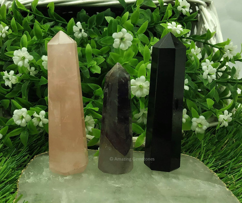 Amazing Gemstone Set of 3 Amethyst, Rose Quartz, Black Tourmaline Crystal Towers - Natural Healing Crystal Point Obelisk for Reiki Healing and Crystal Grid (2 Inch to 3 Inch)