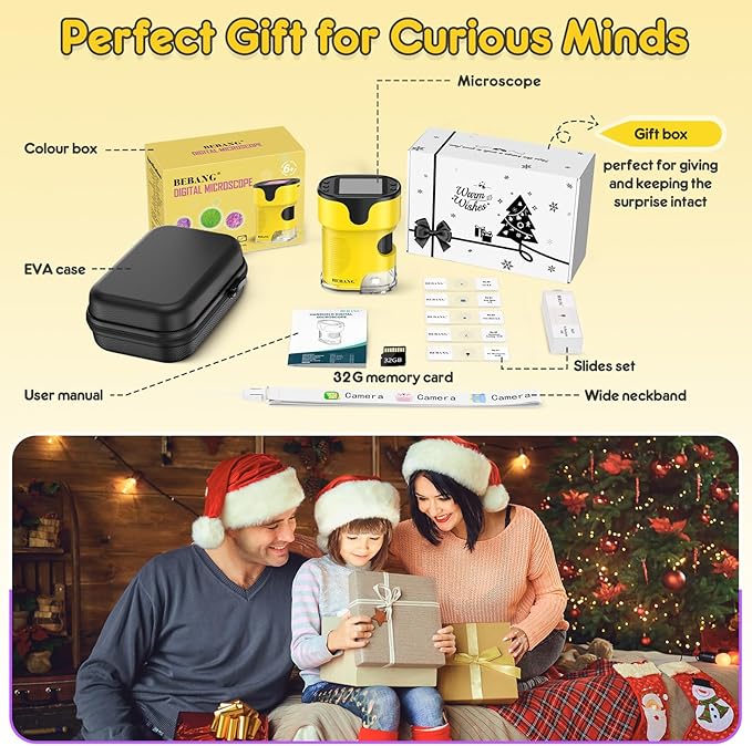 1000X Handheld Microscope for Kids 4K 2.0" Screen Rechargeable Mini Pocket Digital Microscopes w/Slides Kit Portable Edu Gift Age 4-6 8-12 Children Students (Yellow)