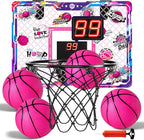 LovesTown Mini Indoor Basketball Hoop for Kids, Pink Basketball Hoops Over The Door with LED Lighting - 4 Balls - DIY Stickers, Great for Home, Dorms, Offices, and Gifts for Girls