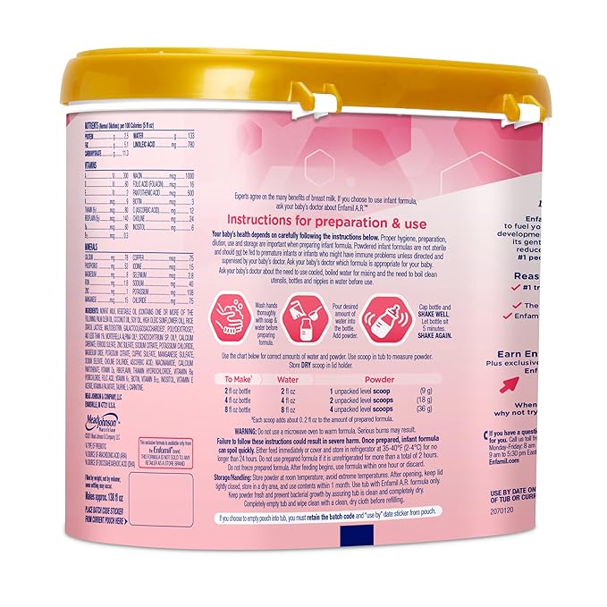 Enfamil A.R. Infant Formula, Clinically Proven to Reduce Reflux & Spit-Up in 1 Week, with Iron, DHA for Brain Development, Probiotics to Support Digestive & Immune Health, Powder Tub, 19.5 Oz