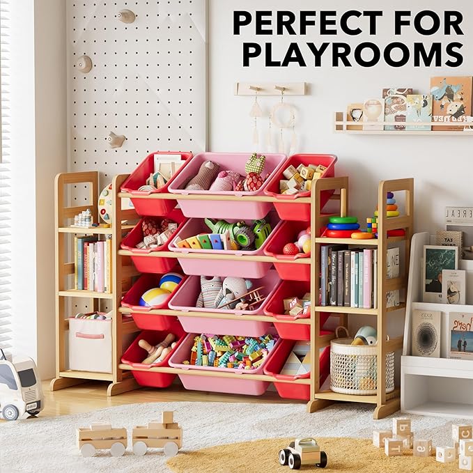 SpaceAid Toy Storage Organizer with 6 Shelves and 12 Bins, Toy Organizers Storage Bookshelf, Kids Bin Shelf Toys Box Bookcase for Bedroom Playroom Organization Room Decor, Red and Pink