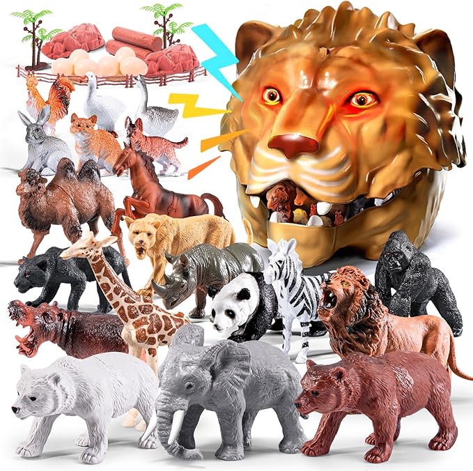 Safari Animals Playset, 41Pcs Jungle Zoo Animal Toys for Toddlers 1-3/Kids 3-5 - Light-Up Sound Lion Basket, Non-Toxic Educational Figurines, Ideal Birthday for Boys & Girls