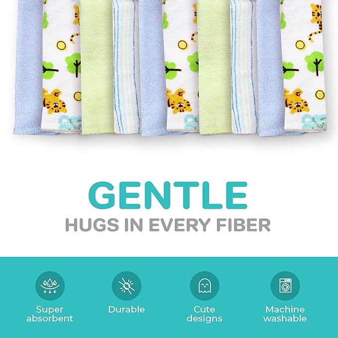 Spasilk 10 Pack Soft Terry Bath Washcloths – Newborn Boy or Girl, Blue Tiger