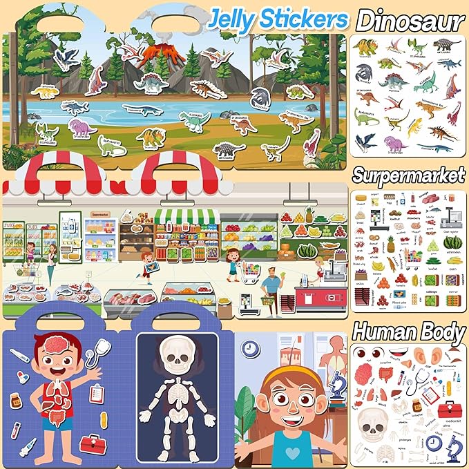 6 Sets Reusable Sticker Books for Toddlers, Jelly Sticker Books for Toddlers, Toddler Travel Toys for Kids 3 4 5 Year Old Girls Boys