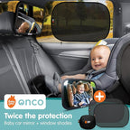 Onco Baby Car Mirror & Car Window Shades Bundle (18.9″ × 12″) - UPF 50+ Window Shade, 100% Shatter-Proof Car Mirror for Baby, Universal Shades & Mirror