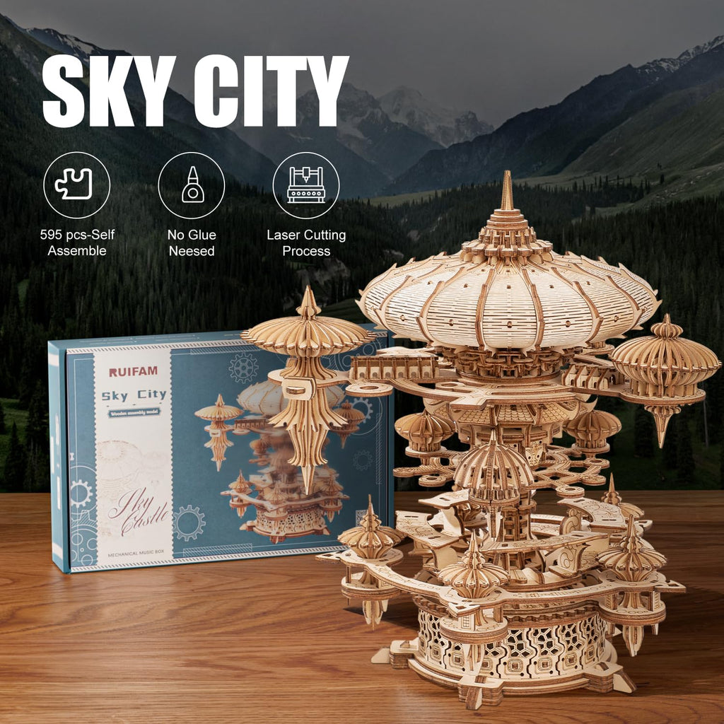 3D Wooden Puzzles for Adults, SkyCity Music Box Model Kit, 600+ Pcs Cityscape Design, Challenging Mechanical DIY Craft, STEM Toy and Unique Gift for All Occasions