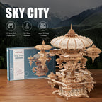 3D Wooden Puzzles for Adults, SkyCity Music Box Model Kit, 600+ Pcs Cityscape Design, Challenging Mechanical DIY Craft, STEM Toy and Unique Gift for All Occasions
