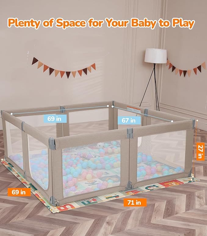 Dripex Foldable Playpen for Babies and Toddlers, 71"×69" Extra Large Baby Playpen, Indoor & Outdoor Safety Gate Collapsible Play Pen, Baby Fence Play Area with Visible Mesh, Khaki