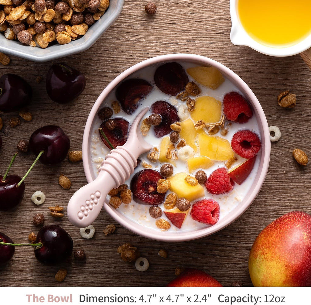 SAMiGO Silicone Baby Bowl and Spoon Set with Suction and Lid, First Stage Self Feeding Essentials, Food Bowl for 6+ Months