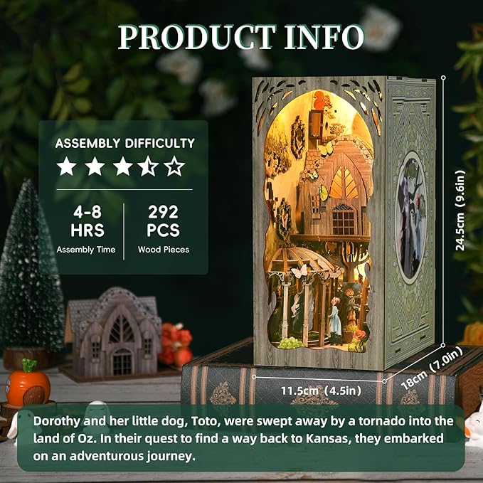 DIY Book Nook Kit, DIY Miniature Dollhouse Booknook Kit, Wooden 3D Puzzle Bookend Bookshelf Insert Decor with LED Light for Teens and Adults (Dorothy's Journey)