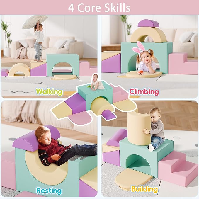 Soft Foam Climbing Blocks Set – Large 5-in-1 Soft Play Toys Crawling & Sliding Climbing Arch for Toddlers, Foam Playset for Nursery,Preschool,Pink