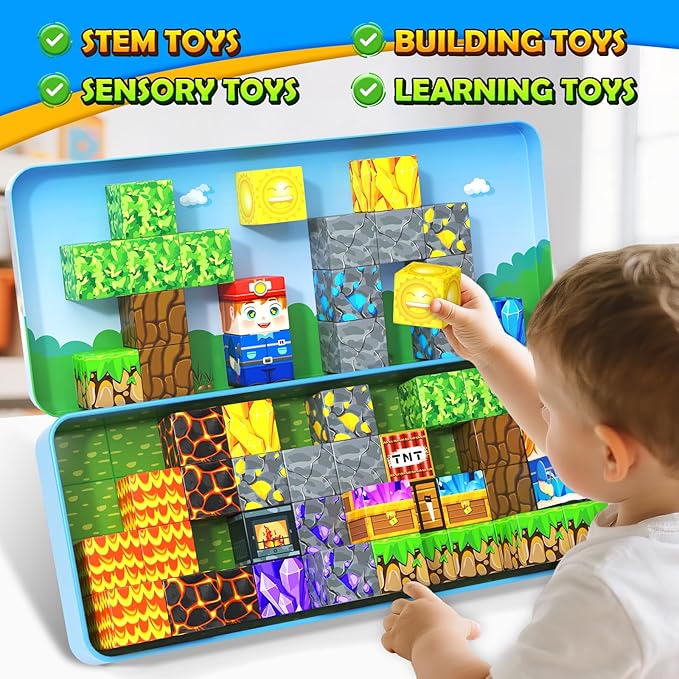 Soyee Magnetic Blocks Travel Toys with Metal Tin Travel Essentials STEM Learning Outdoor Building Kids Toddler Toys & Birthday Gifts for Boys Girls Ages 3+