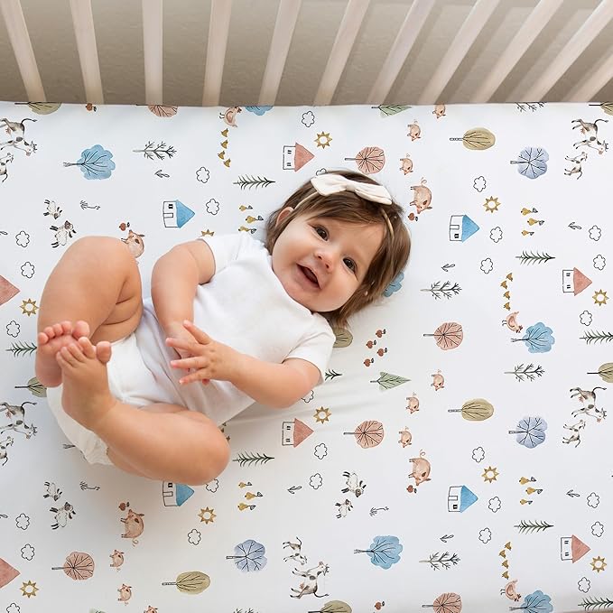 Crib Sheets Neutral - Fitted Baby Crib Sheets Bed for Girl Boy - 2 Pack Standard & Toddler Mattress (Farm Animals) - Buttery Soft Organic Cotton Blend