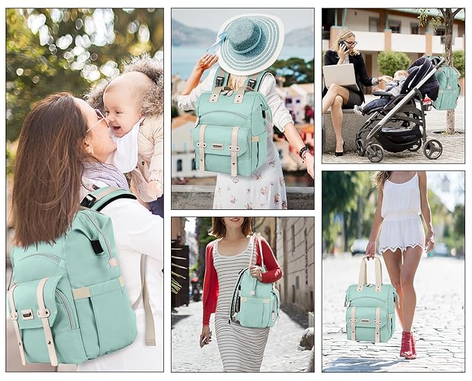 Jiefeike Diaper Bag Backpack,Green diaper bags for baby girl boy, girl diaper bag backpack, Insulated Pockets Portable toddler diaper bag with USB Charging Port, RFID Anti-Theft Pocket