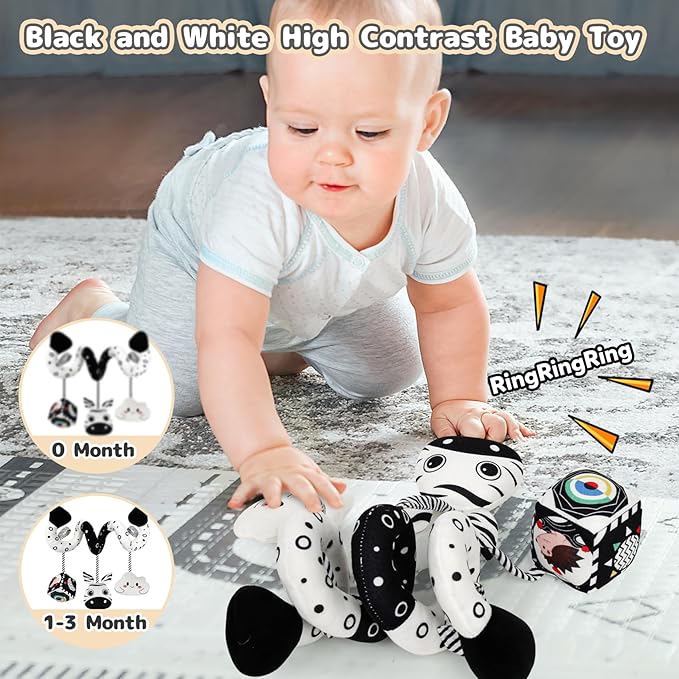 Car Seat Toys for Babies 0-6 Months,Hanging Rattle Toys for Crib Mobile, Baby Spiral Hanging Stroller Black and White High Contrast Toys for Newborn 0 3 6 9 12 Months Baby Boys Girls (Zebra)