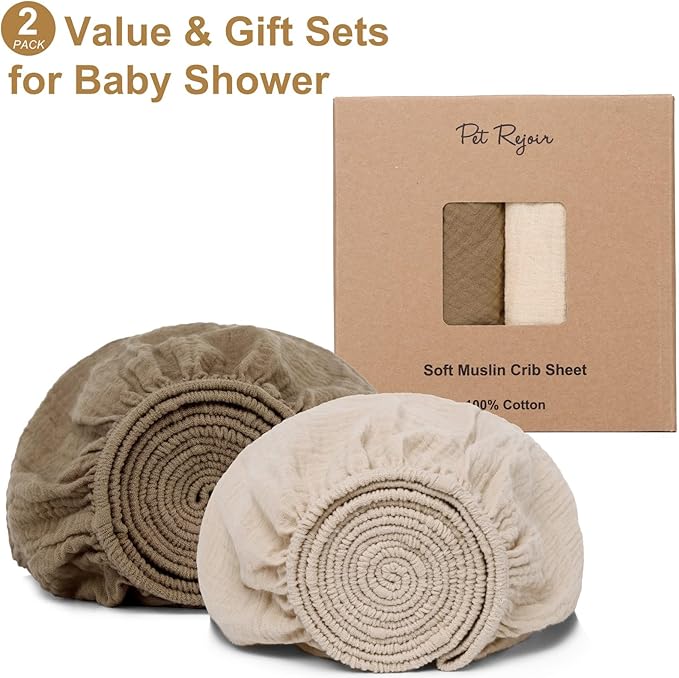 2 Pack Muslin Fitted Crib Sheets for Baby Girls & Boys-Neutral Breathable Crib Mattress Protector for Standard Crib Mattress(28"x 52")-Soft No Slip Cotton Bedding-Taupe Brown & Light Beige