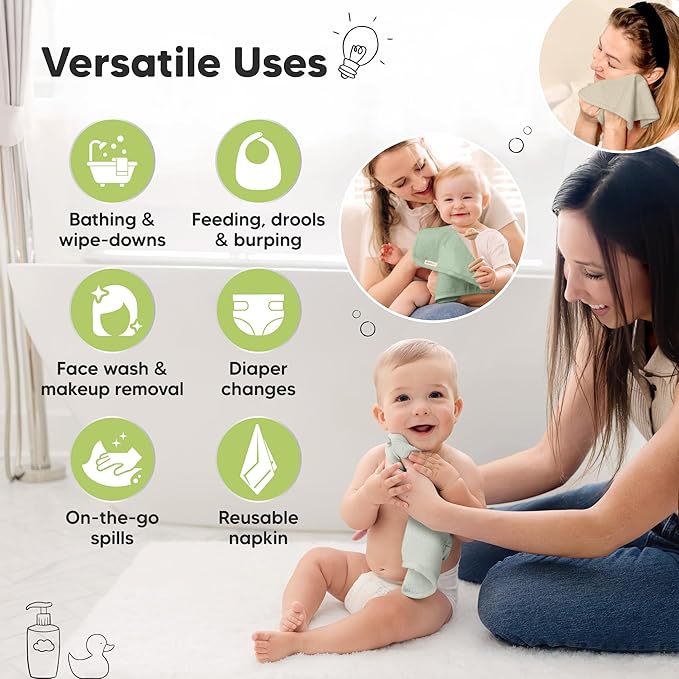 6-Pack Baby Washcloths - Soft Absorbent Viscose from Bamboo Wash Cloths for Babies, Kids, Toddlers, Infant, Newborn Bath Towels, Gentle on Sensitive Skin, 10x10 Reusable Face Towels (Hills)